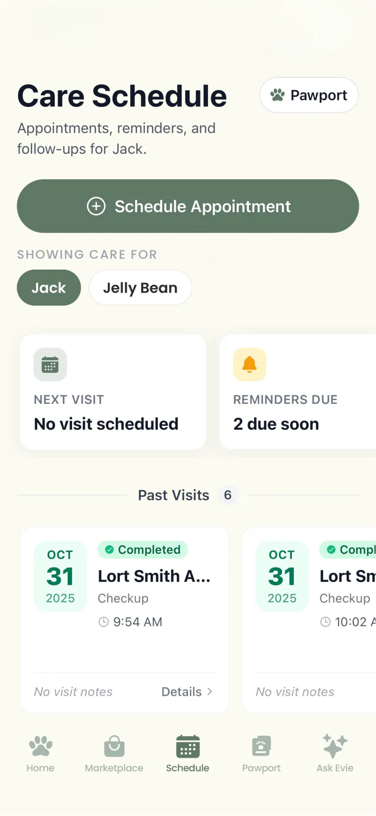 PawHealthAI care schedule screen