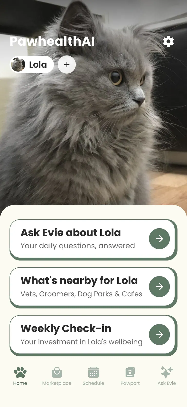 PawHealthAI home screen for Lola