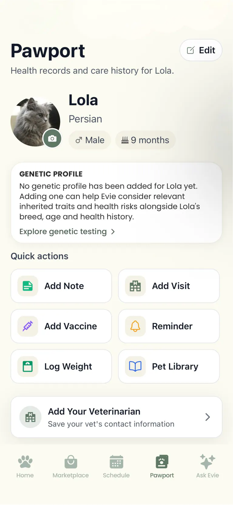 Lola's Pawport health record screen