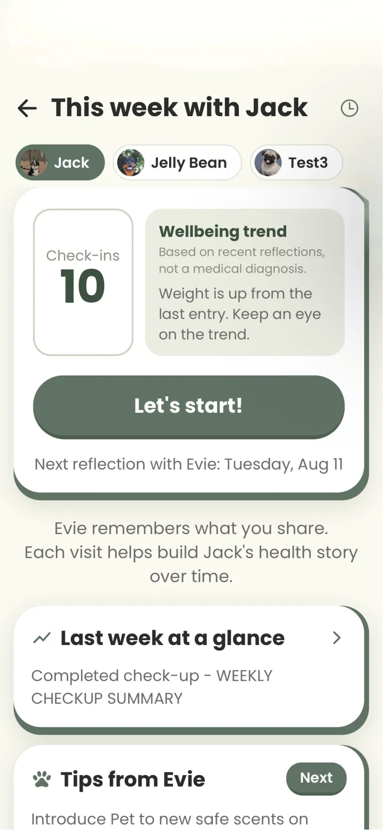 Paws & Reflect weekly check-in screen