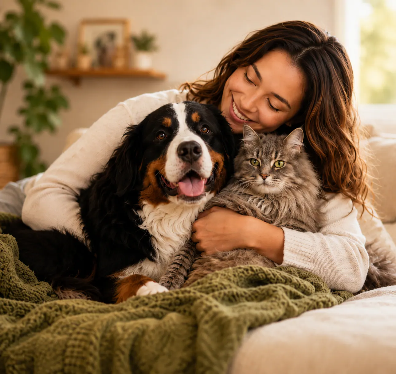 A pet owner relaxing at home with her dog and cat